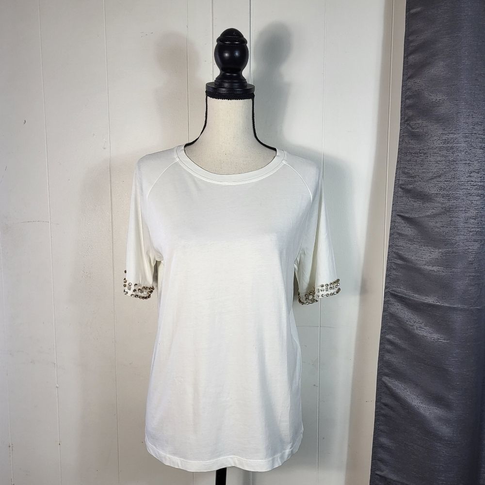 MAJE Whote Rhinestone Sleeve Relaxed Fit Crew Neck Tee Size 2